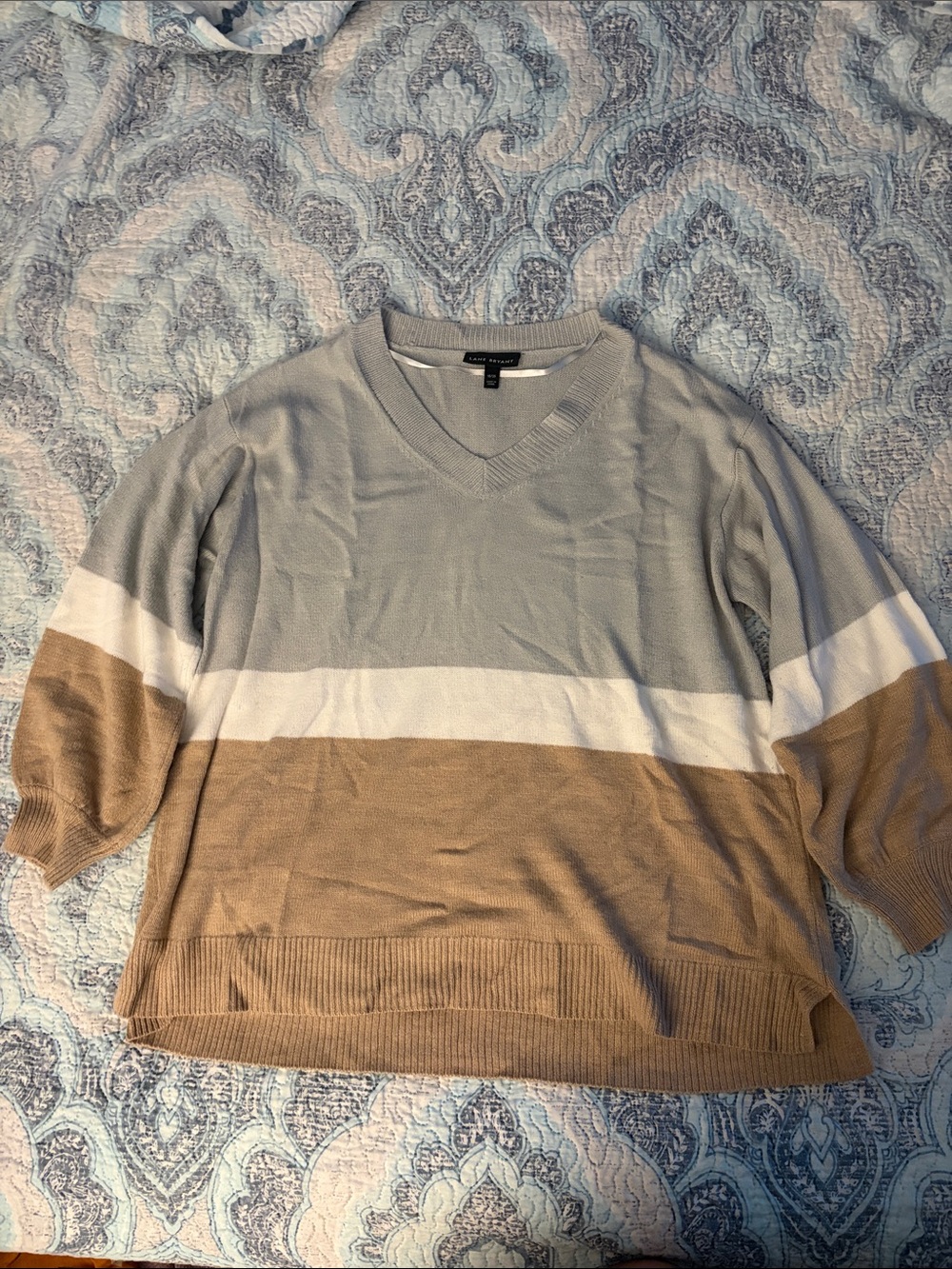 Lane Bryant Light Gray, White & Tan Striped V-Neck Sweater